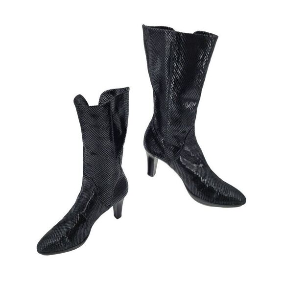 90s Aquatalia Boots Leather Liquid Snake Tall Mid Calf High Heel Black 10 Gothic - Picture 1 of 12